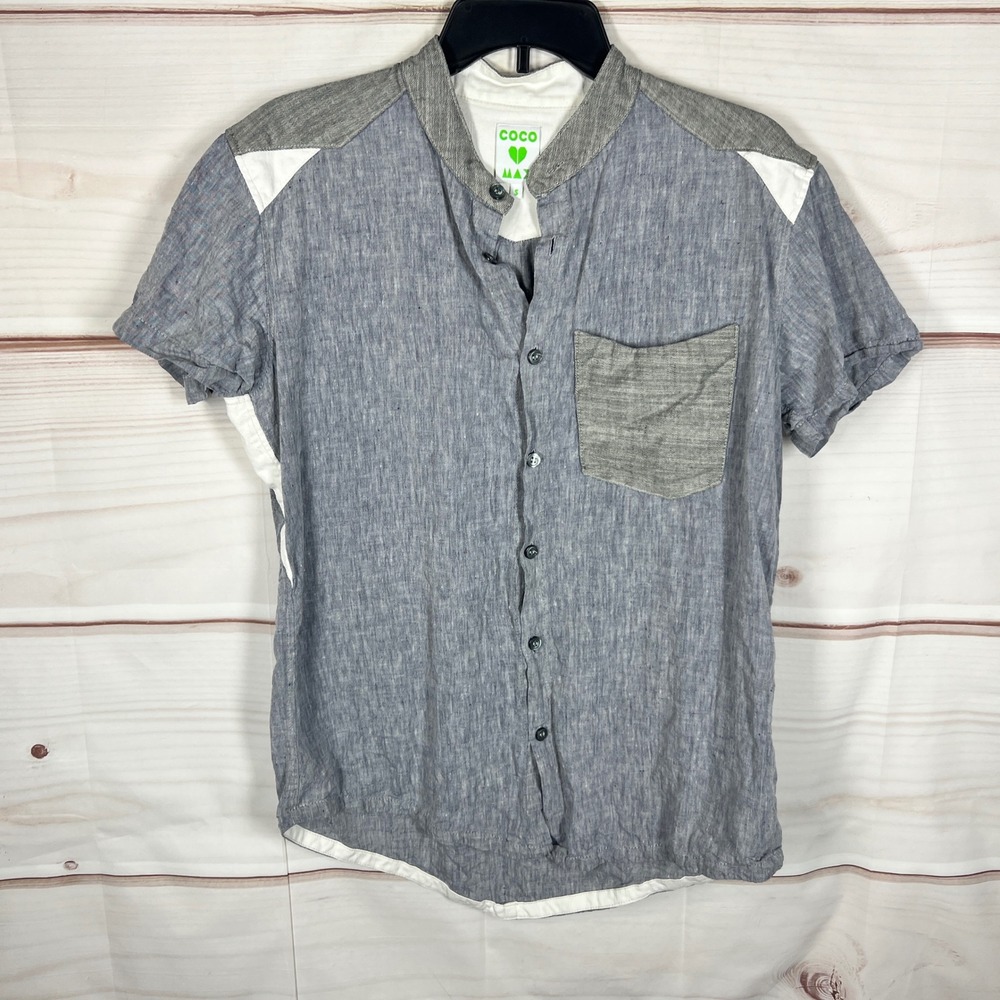 COCO MAX Short Sleeve Shirt Button Up Mens Small Blue Solid Pocket Collar Woven